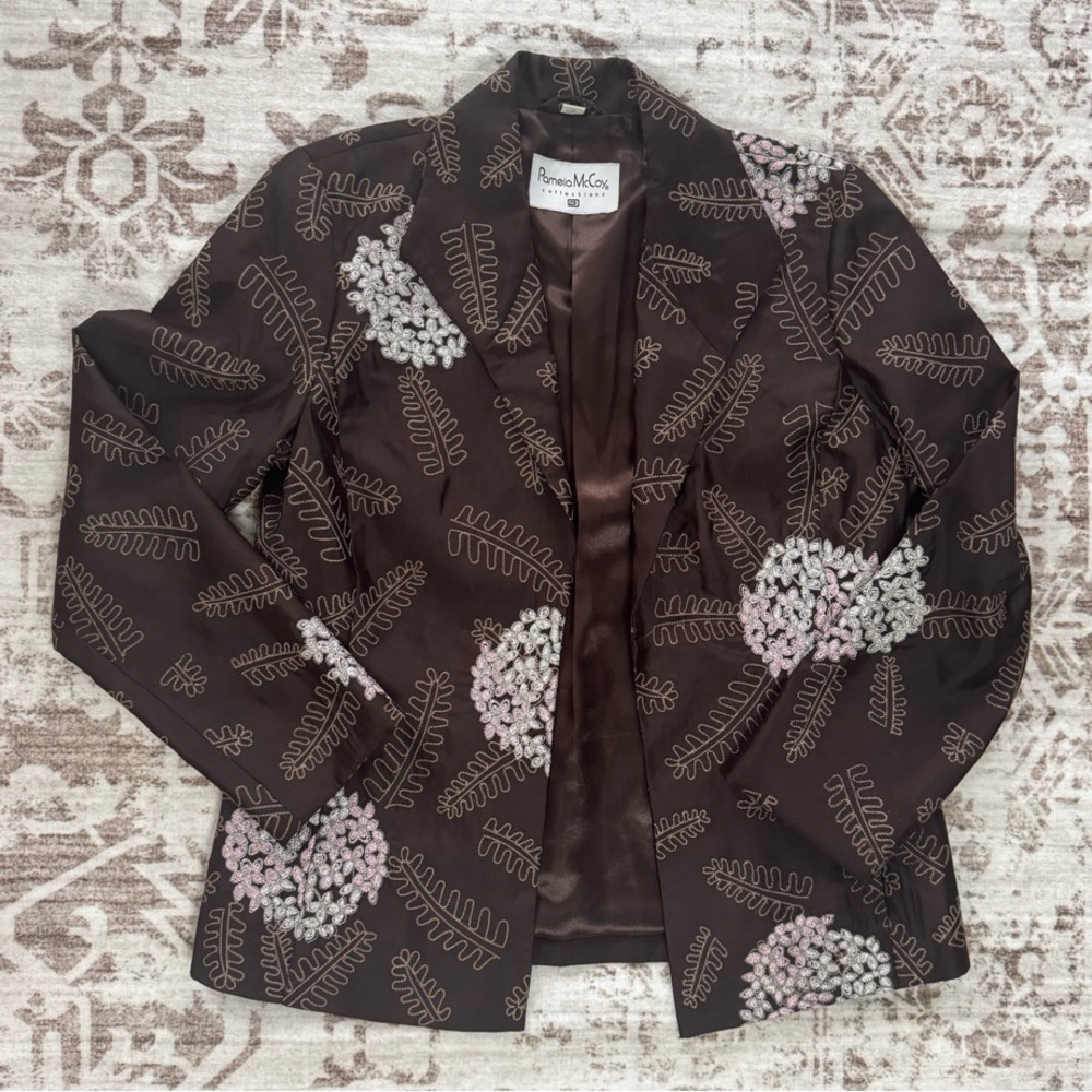 Vintage Brown Blazer with Floral Embroidered Detail